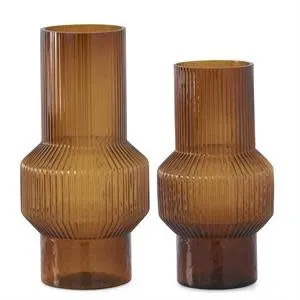 12" Amber Glass Vertical Ribbed Vase with Saucer