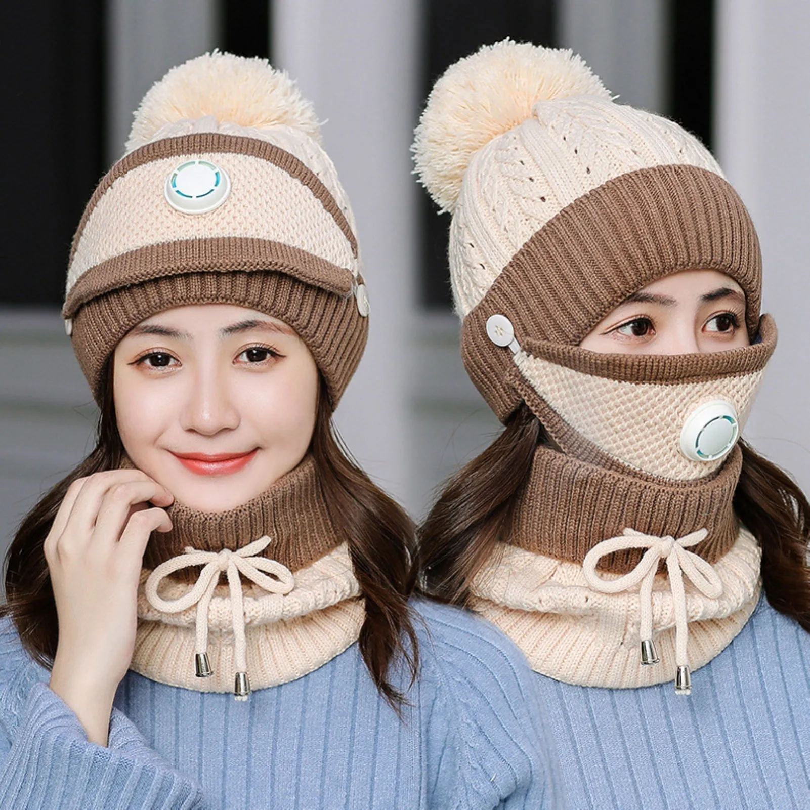 3PCS Womens Winter Warm Scarf Knitted Hat Mask