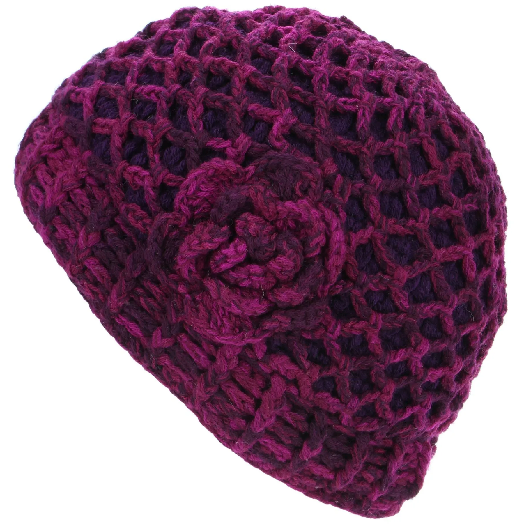 Acrylic Knit Lattice Flower Beanie Hat - Purple