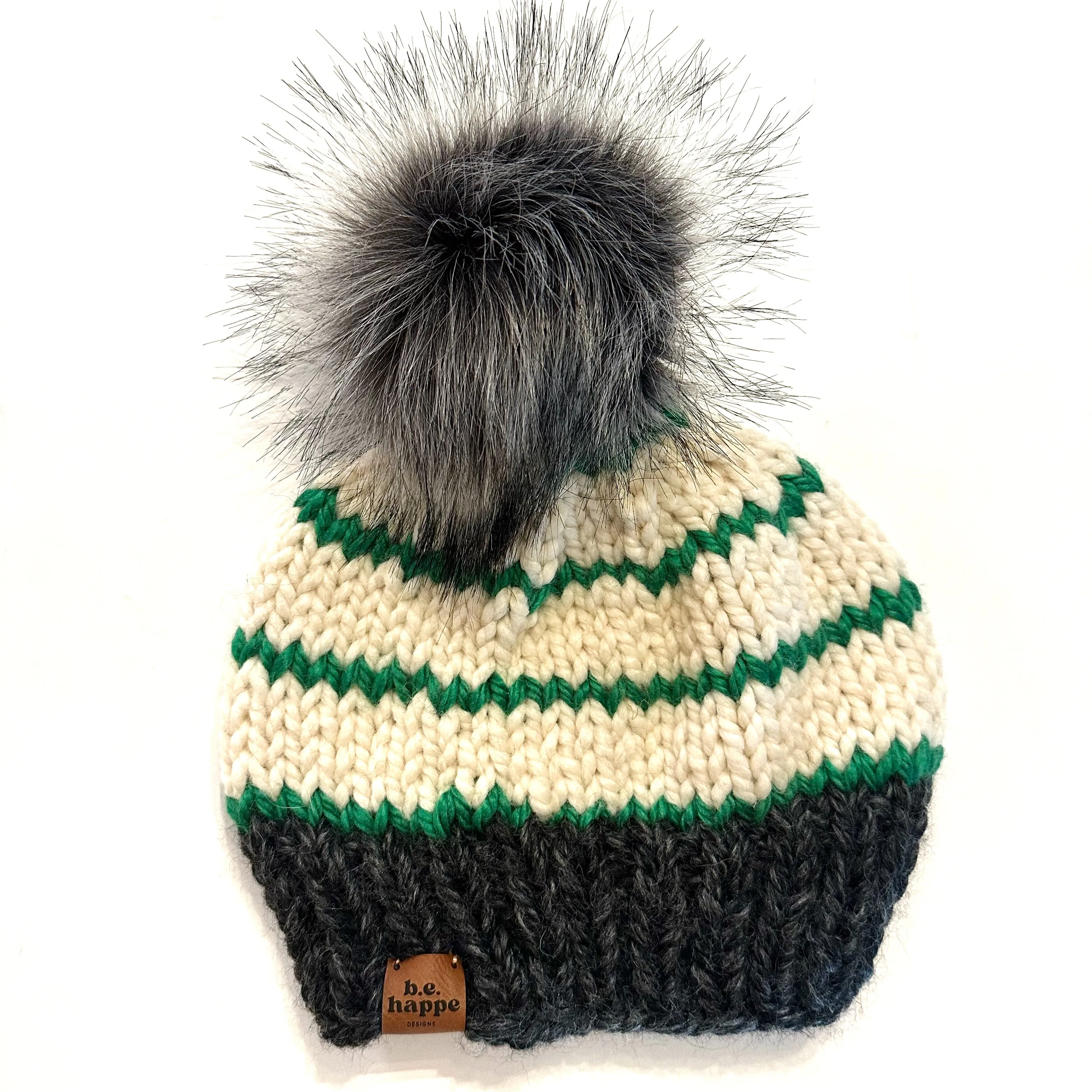 Adult Striped Knit Pom Hat | Charcoal Gray   Kelly Green