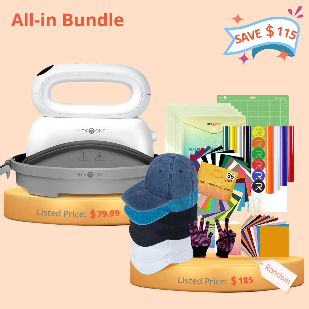 [All in Bundle]HTVRONT Hat Heat Press Machine All-in Bundle(Baseball Cap Blank*6 100pcs HTV&Sublimation Materials&Tools ≥185＄)