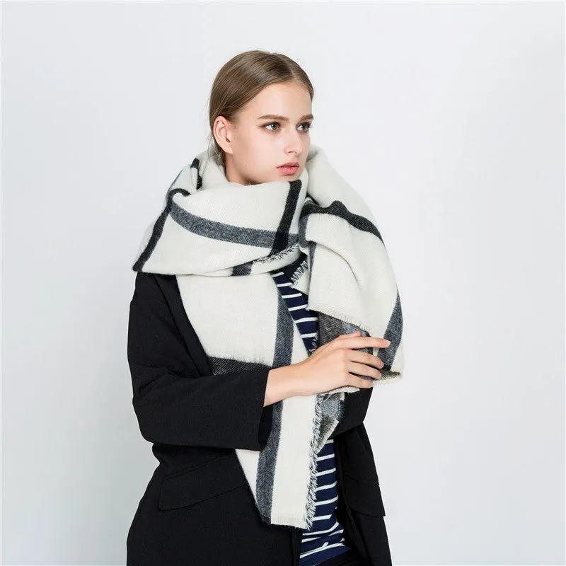 Autumn and winter black and white double faced cashmere beige big check scarf for warmth and fashion