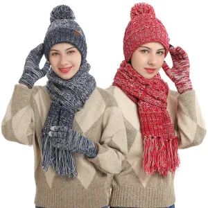 Autumn and winter new knitted wool color hat thickened scarf touch screen gloves three-piece set