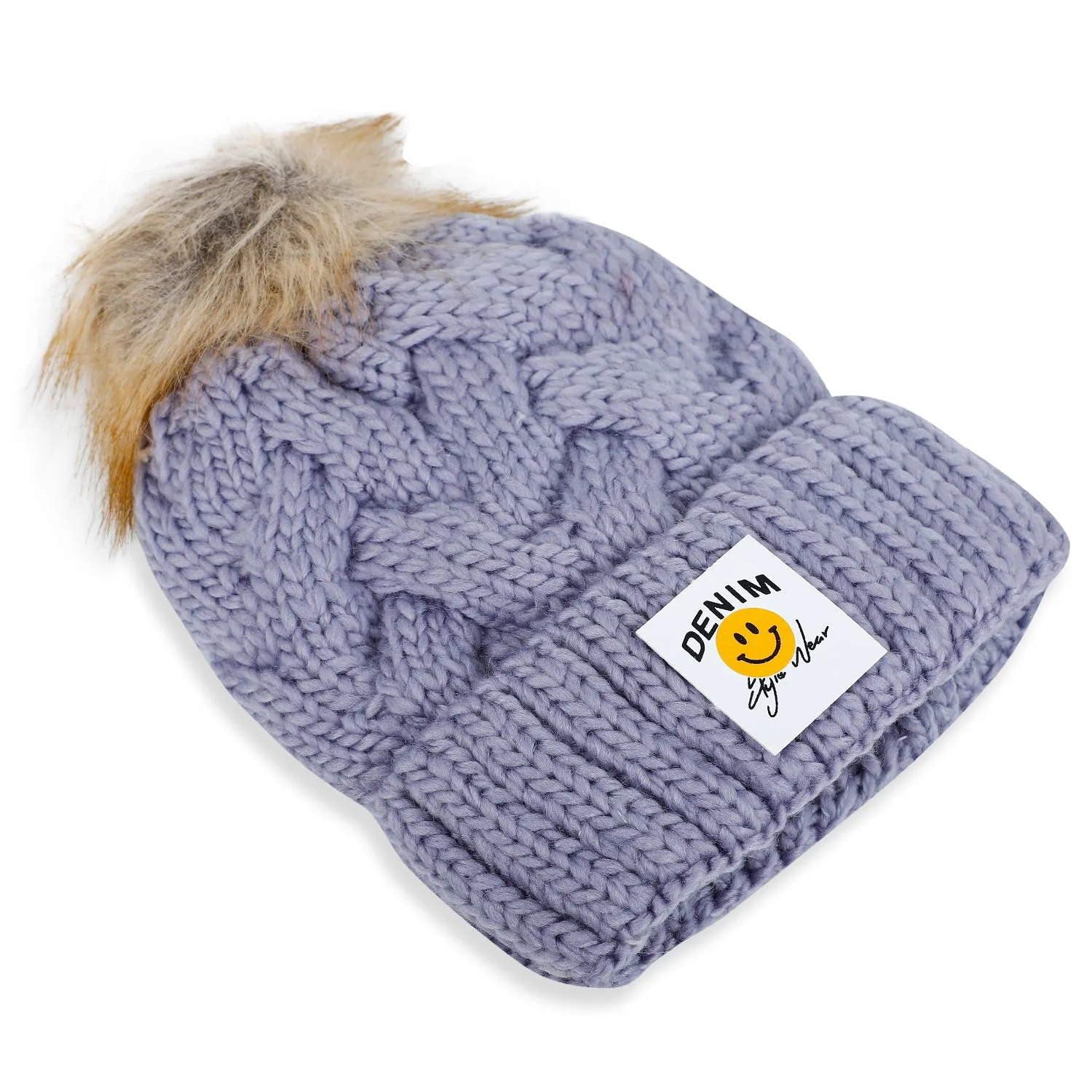 Baby Moo Pom Pom Knitted Woollen Cap - Grey