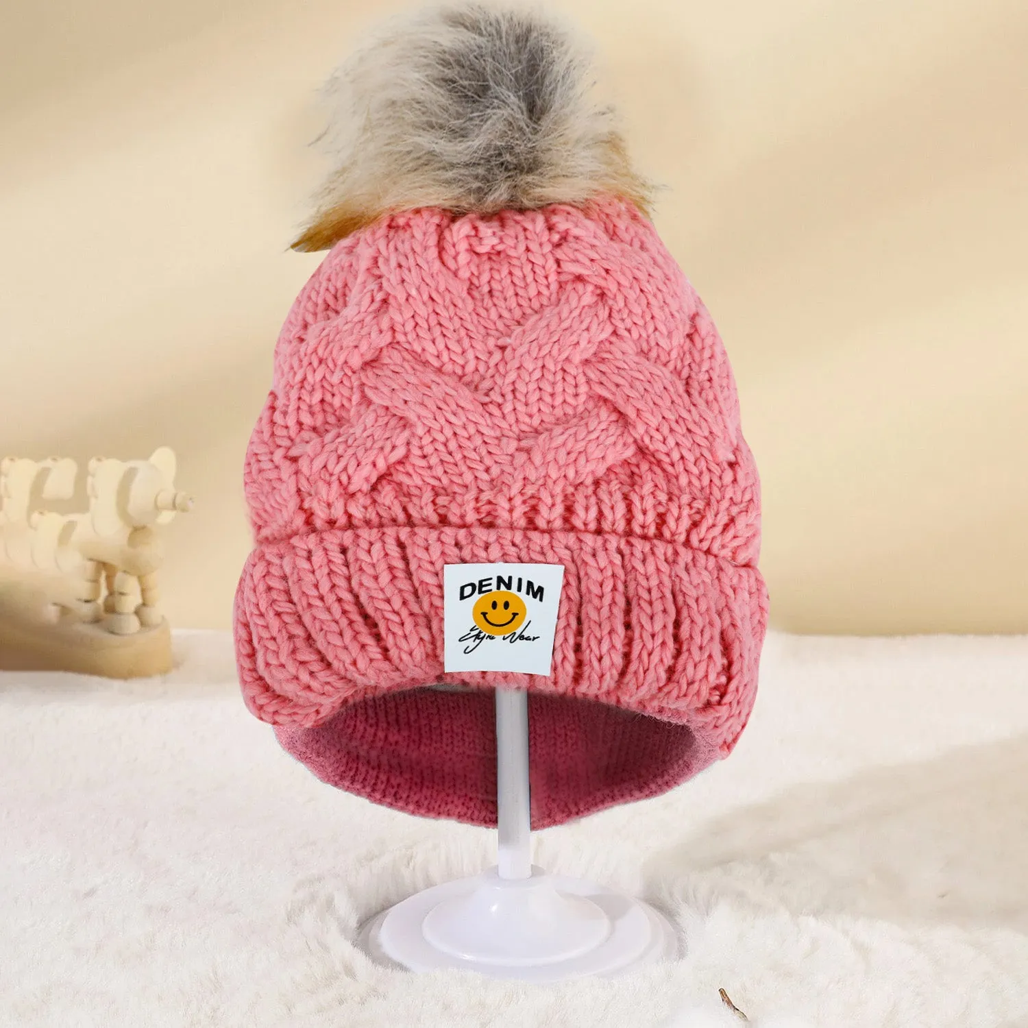 Baby Moo Pom Pom Knitted Woollen Cap - Pink