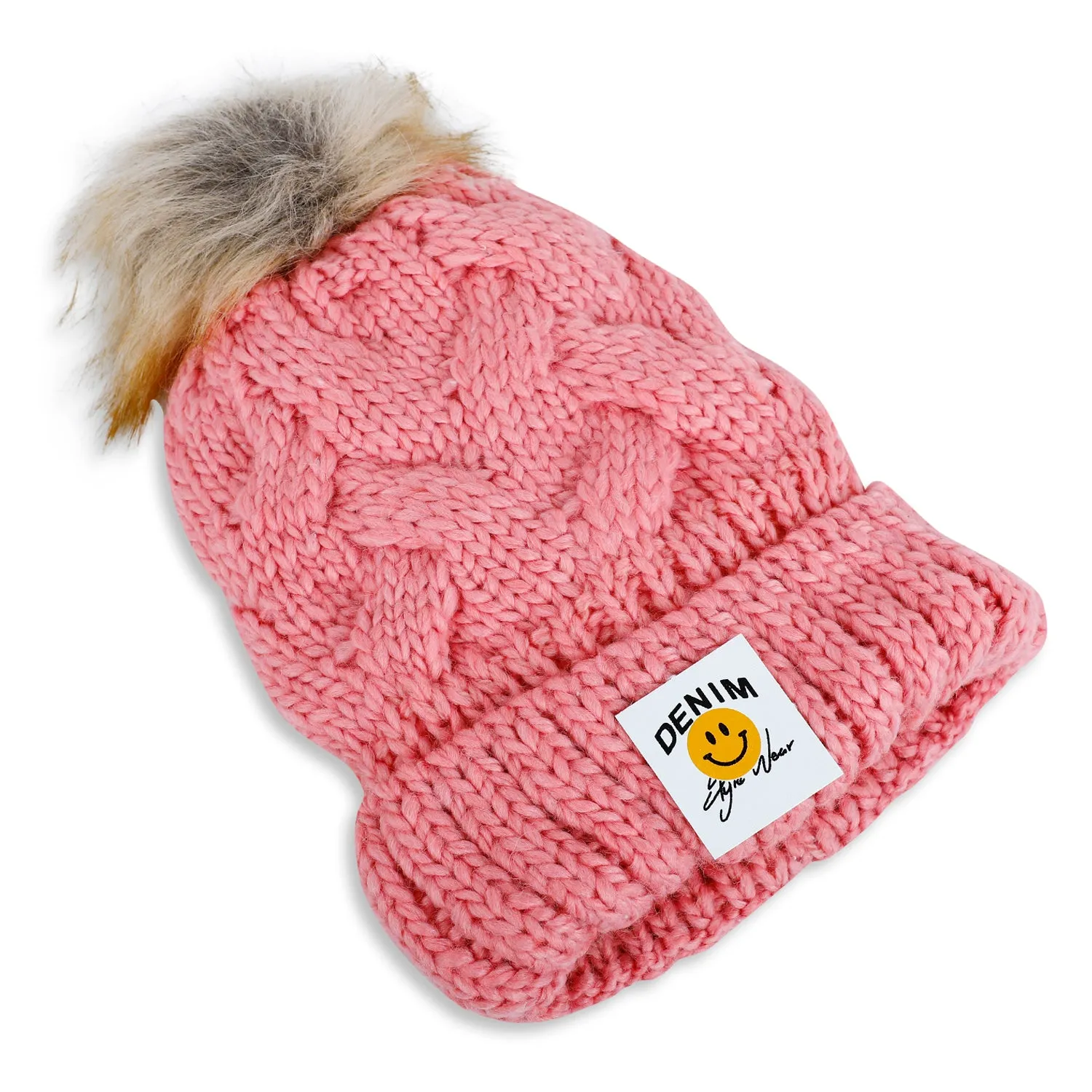 Baby Moo Pom Pom Knitted Woollen Cap - Pink