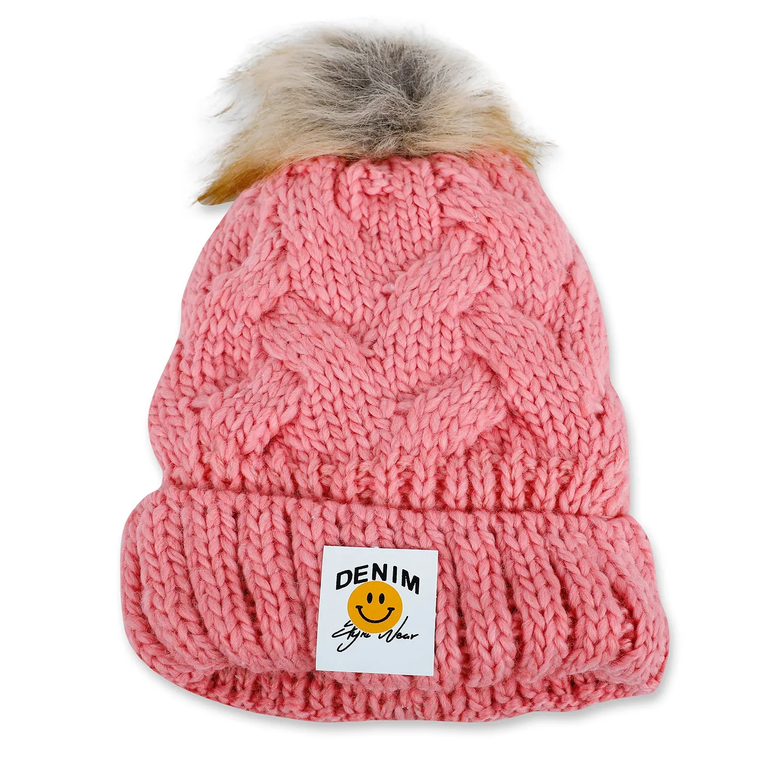 Baby Moo Pom Pom Knitted Woollen Cap - Pink