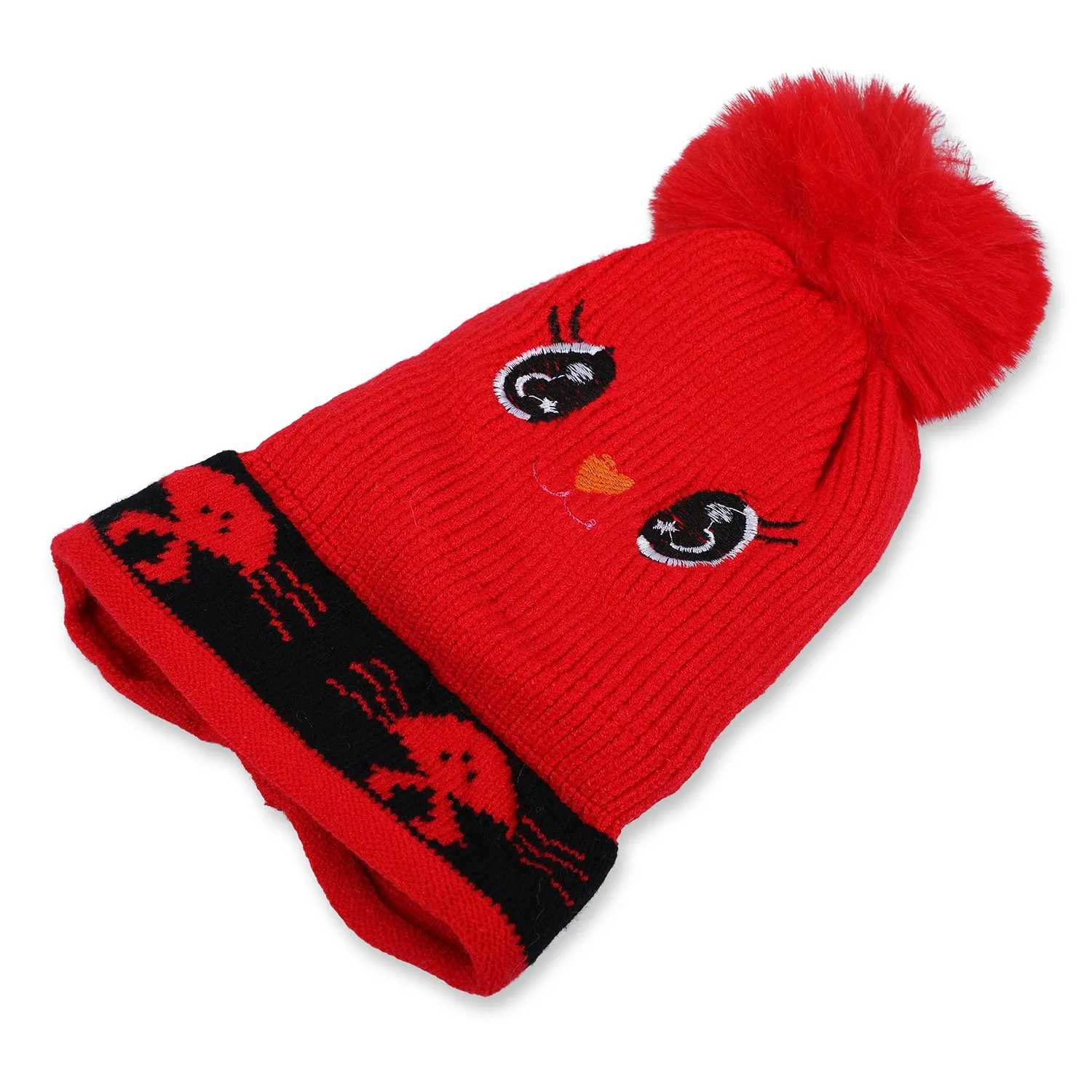 Baby Moo Tweety Eyes Pom Pom Woollen Cap - Red