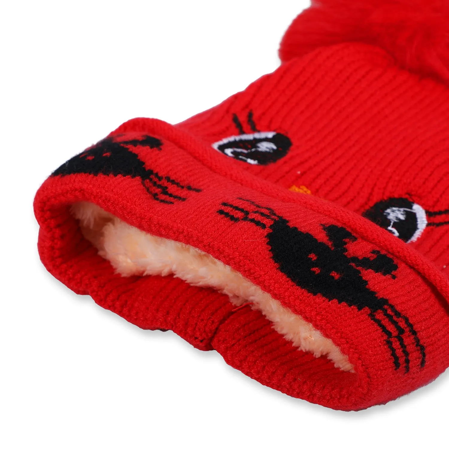 Baby Moo Tweety Eyes Pom Pom Woollen Cap - Red