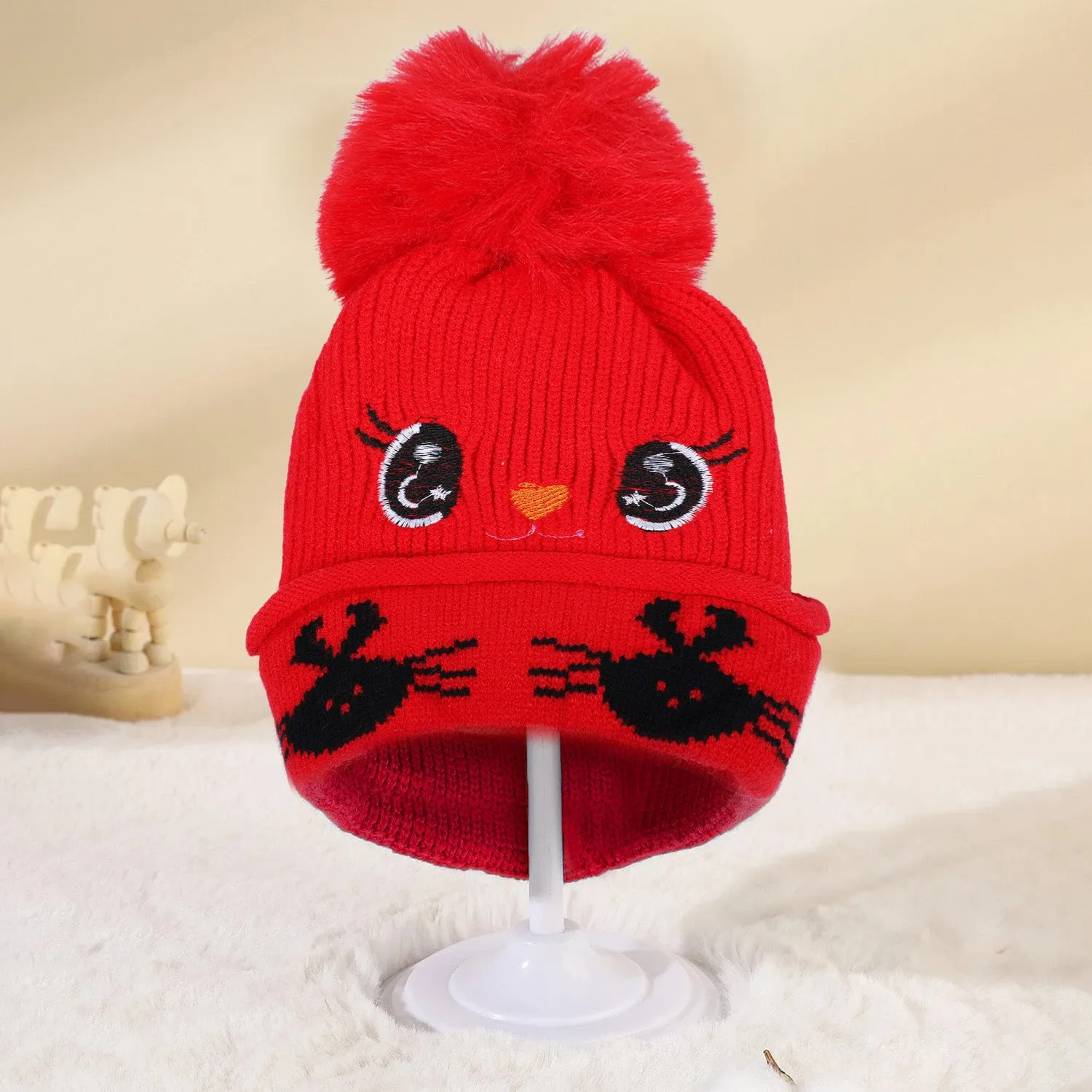 Baby Moo Tweety Eyes Pom Pom Woollen Cap - Red