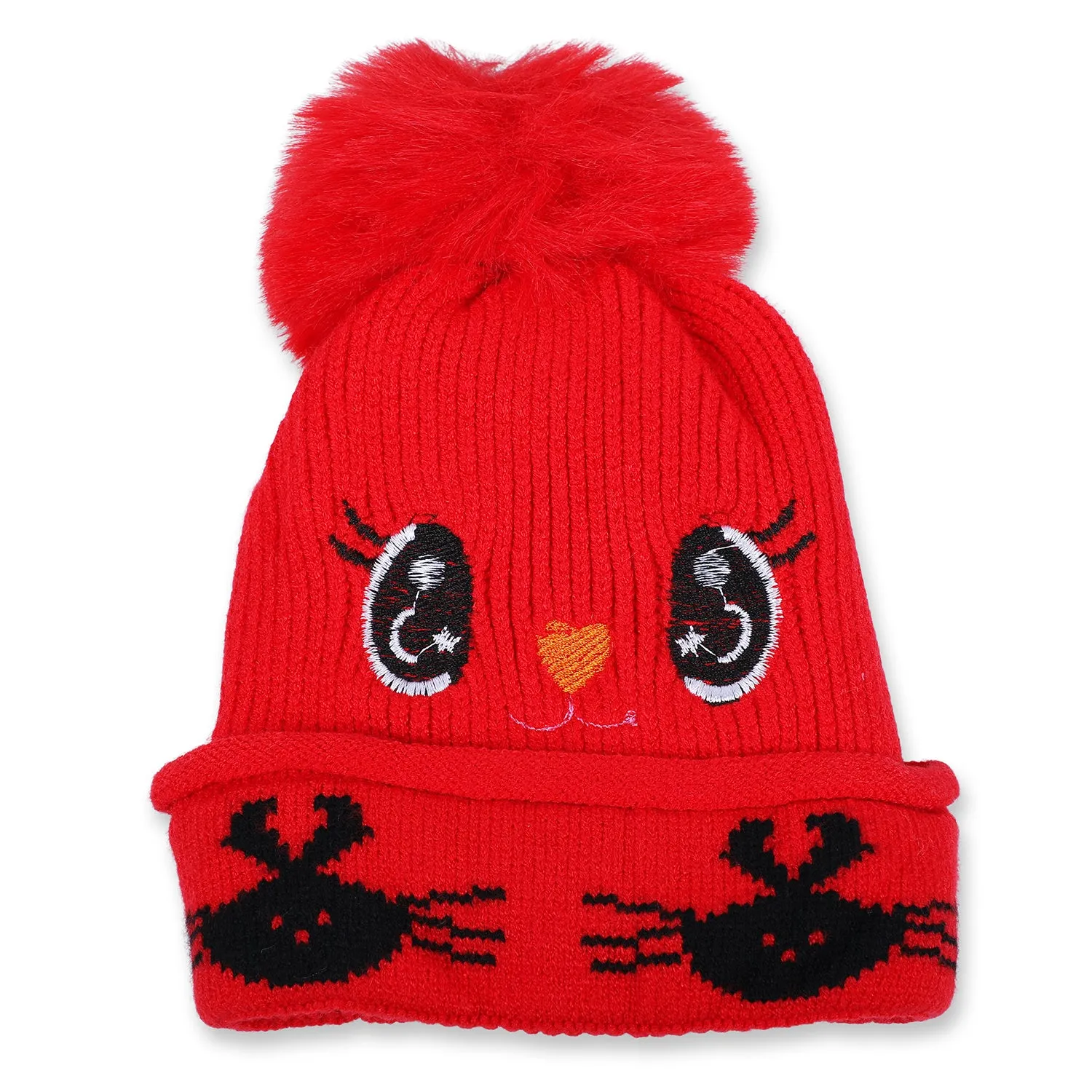 Baby Moo Tweety Eyes Pom Pom Woollen Cap - Red