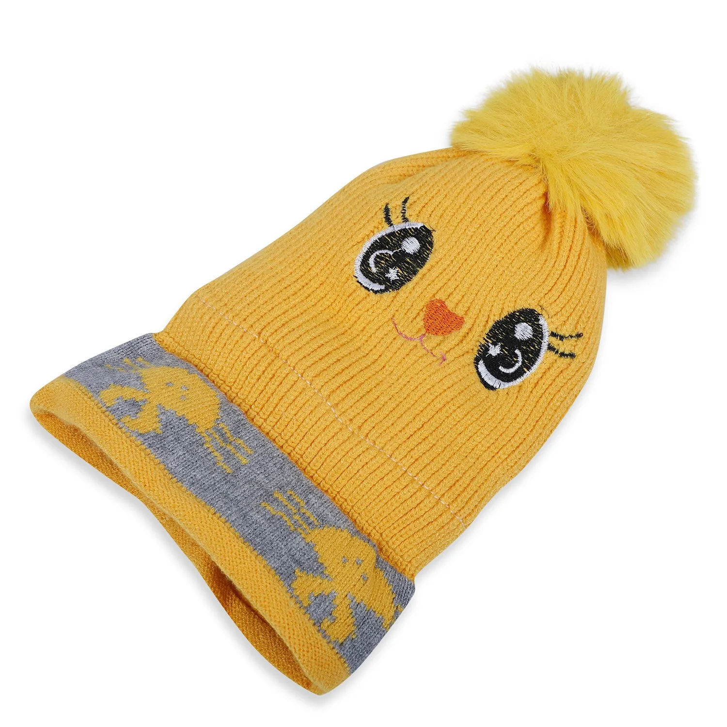 Baby Moo Tweety Eyes Pom Pom Woollen Cap - Yellow