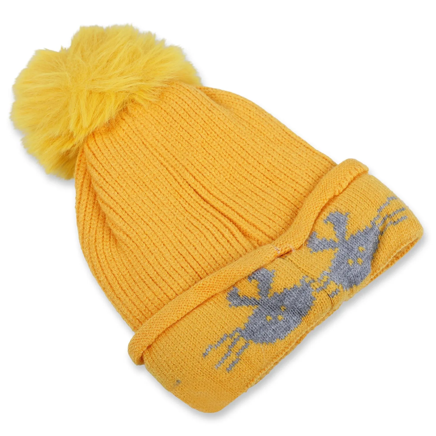 Baby Moo Tweety Eyes Pom Pom Woollen Cap - Yellow