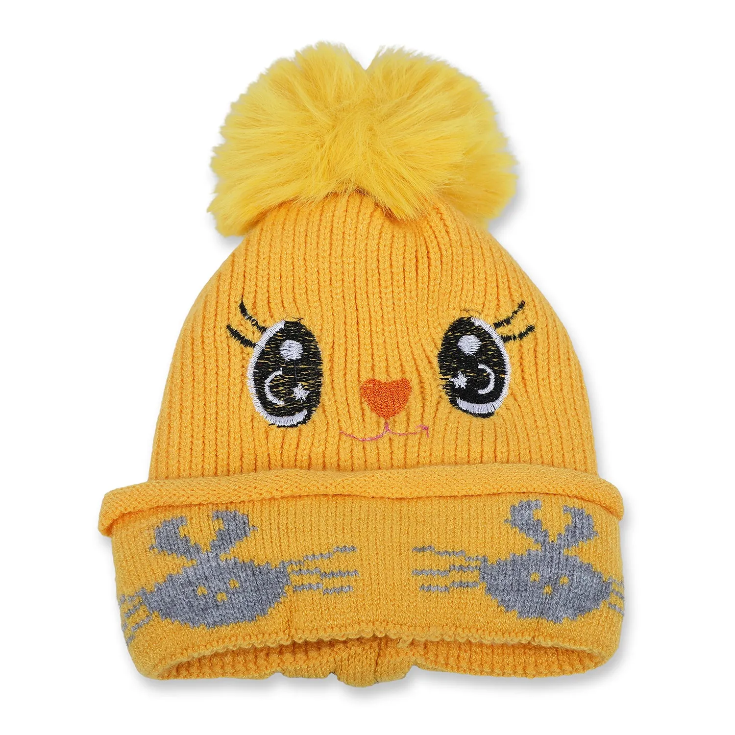 Baby Moo Tweety Eyes Pom Pom Woollen Cap - Yellow