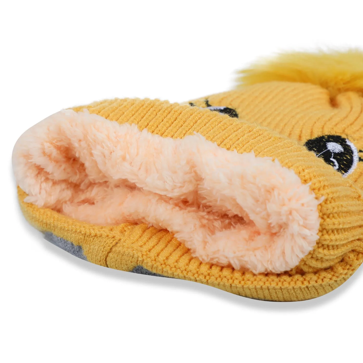 Baby Moo Tweety Eyes Pom Pom Woollen Cap - Yellow