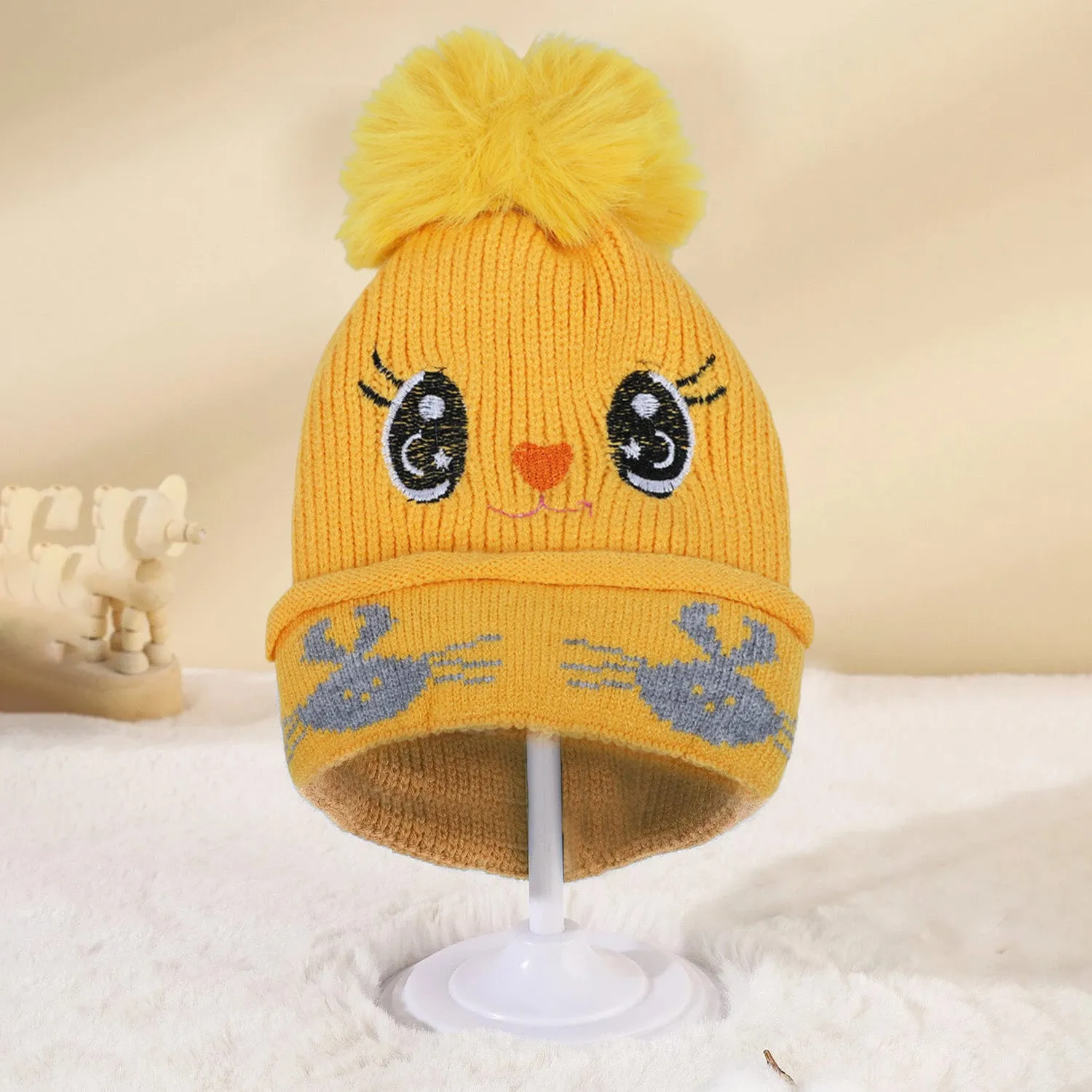 Baby Moo Tweety Eyes Pom Pom Woollen Cap - Yellow