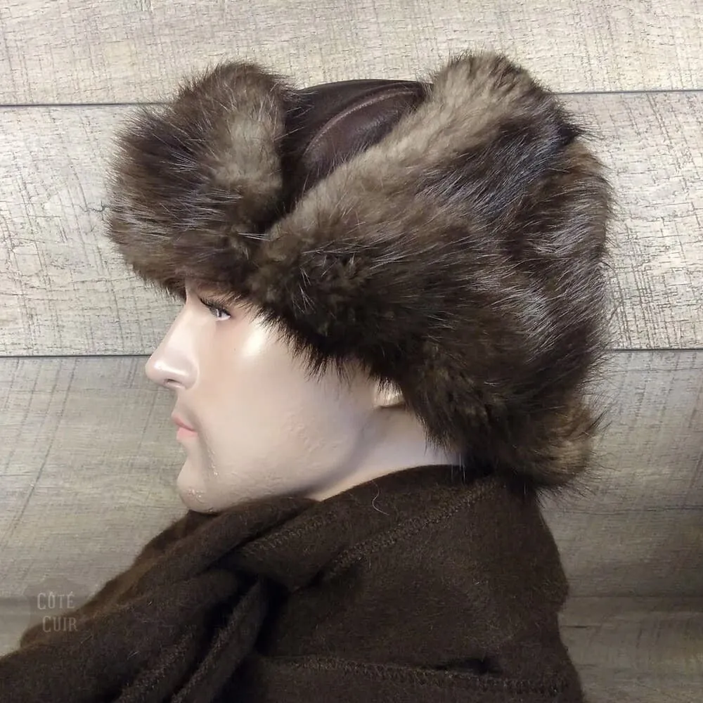 Beaver Fur Trapper Hat, Brown Leather