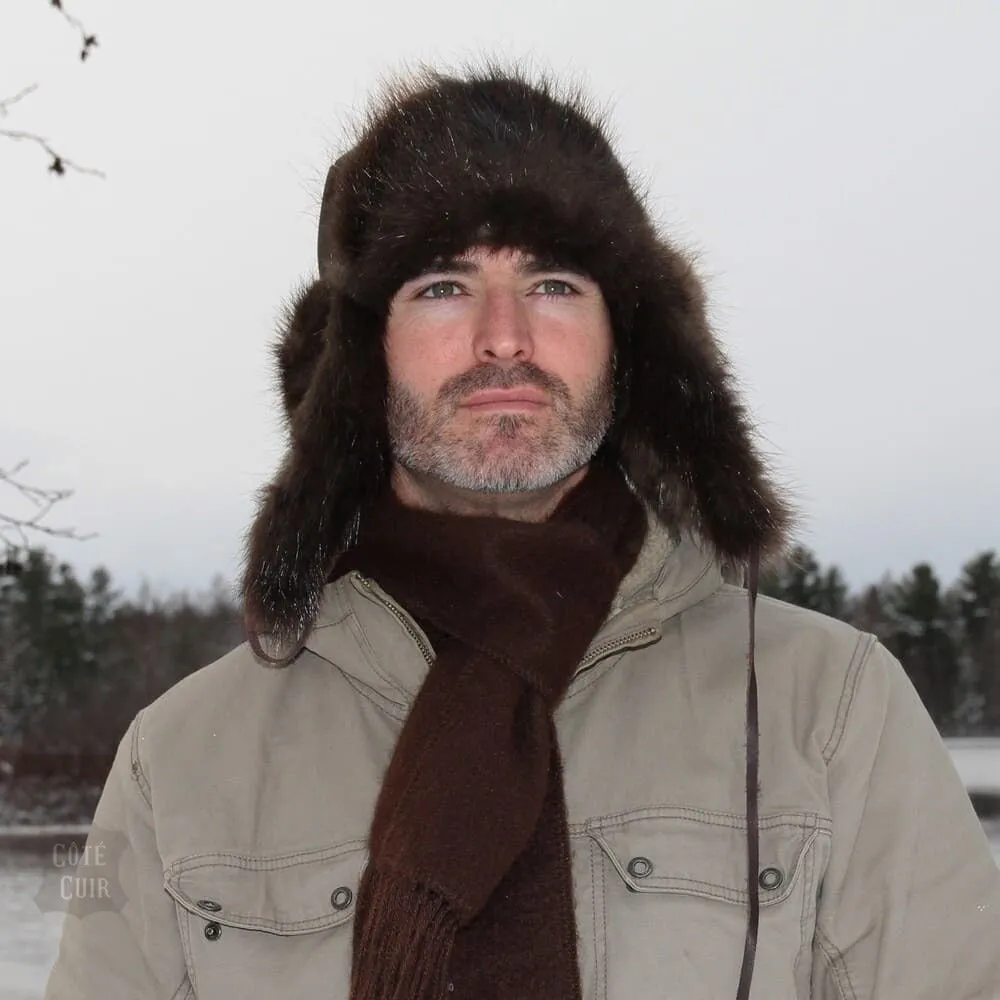 Beaver Fur Trapper Hat, Brown Leather