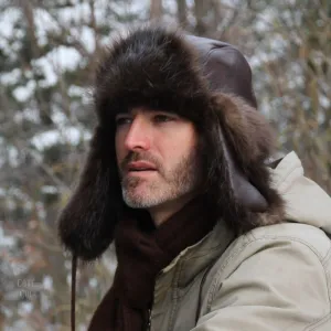 Beaver Fur Trapper Hat, Brown Leather