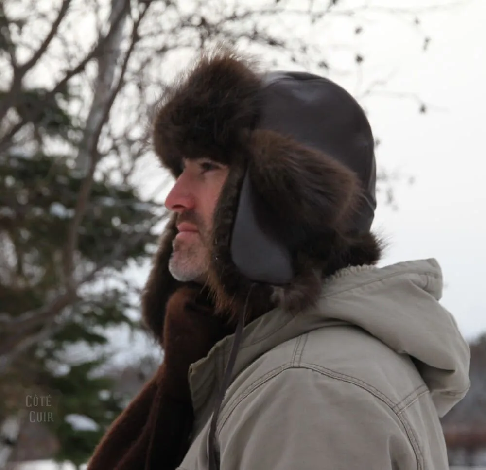 Beaver Fur Trapper Hat, Brown Leather