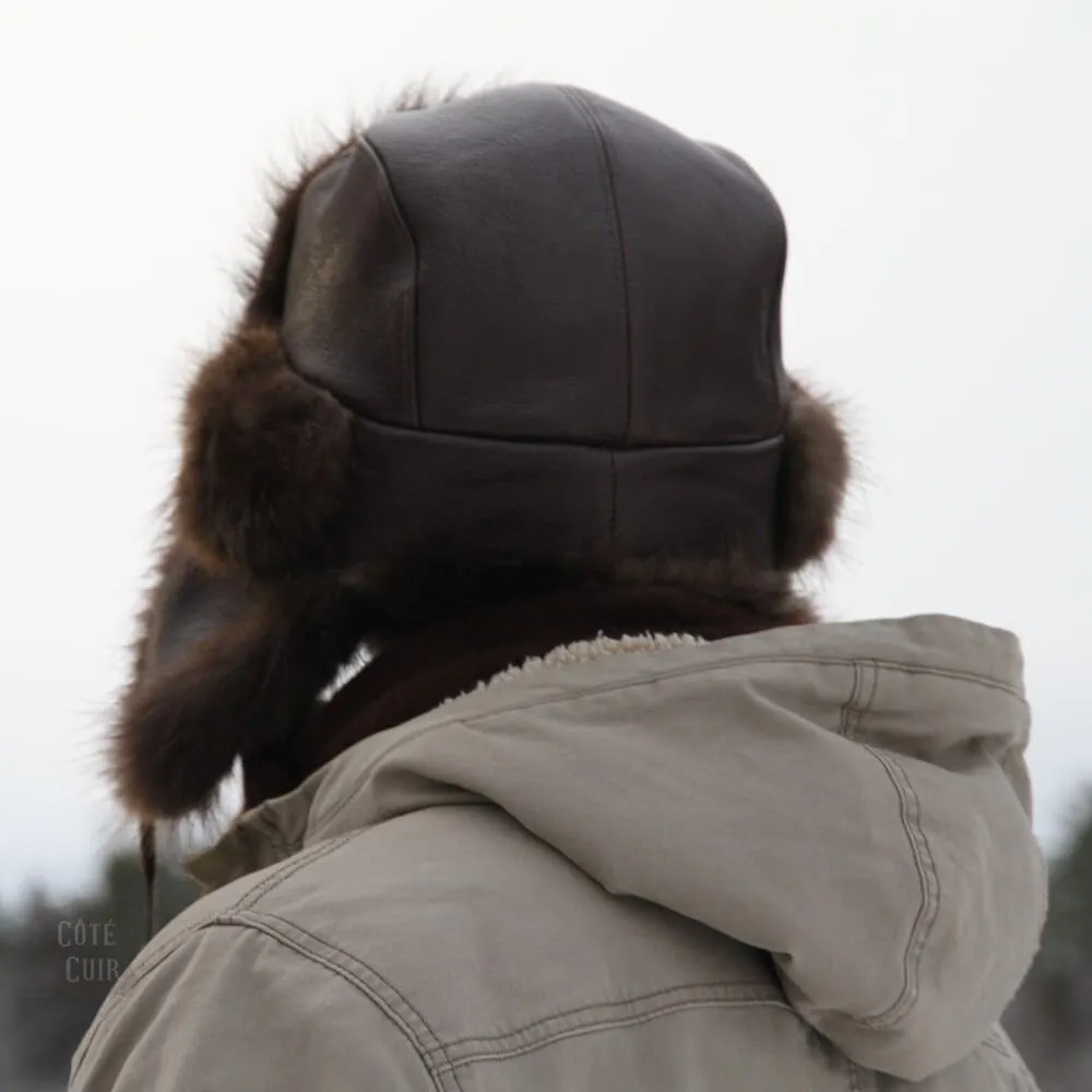 Beaver Fur Trapper Hat, Brown Leather