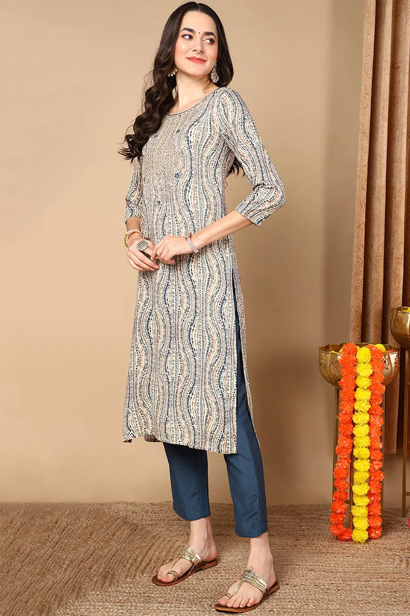 Beige Viscose Rayon Abstract Printed Straight Kurta