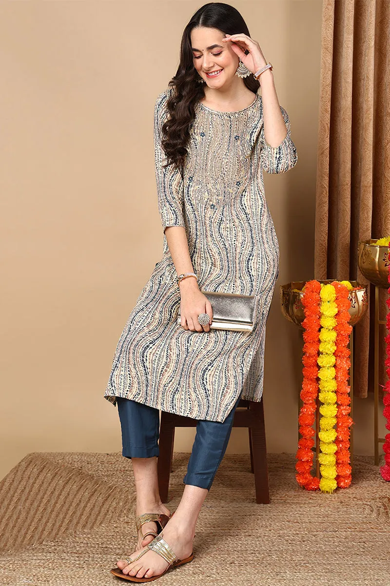 Beige Viscose Rayon Abstract Printed Straight Kurta