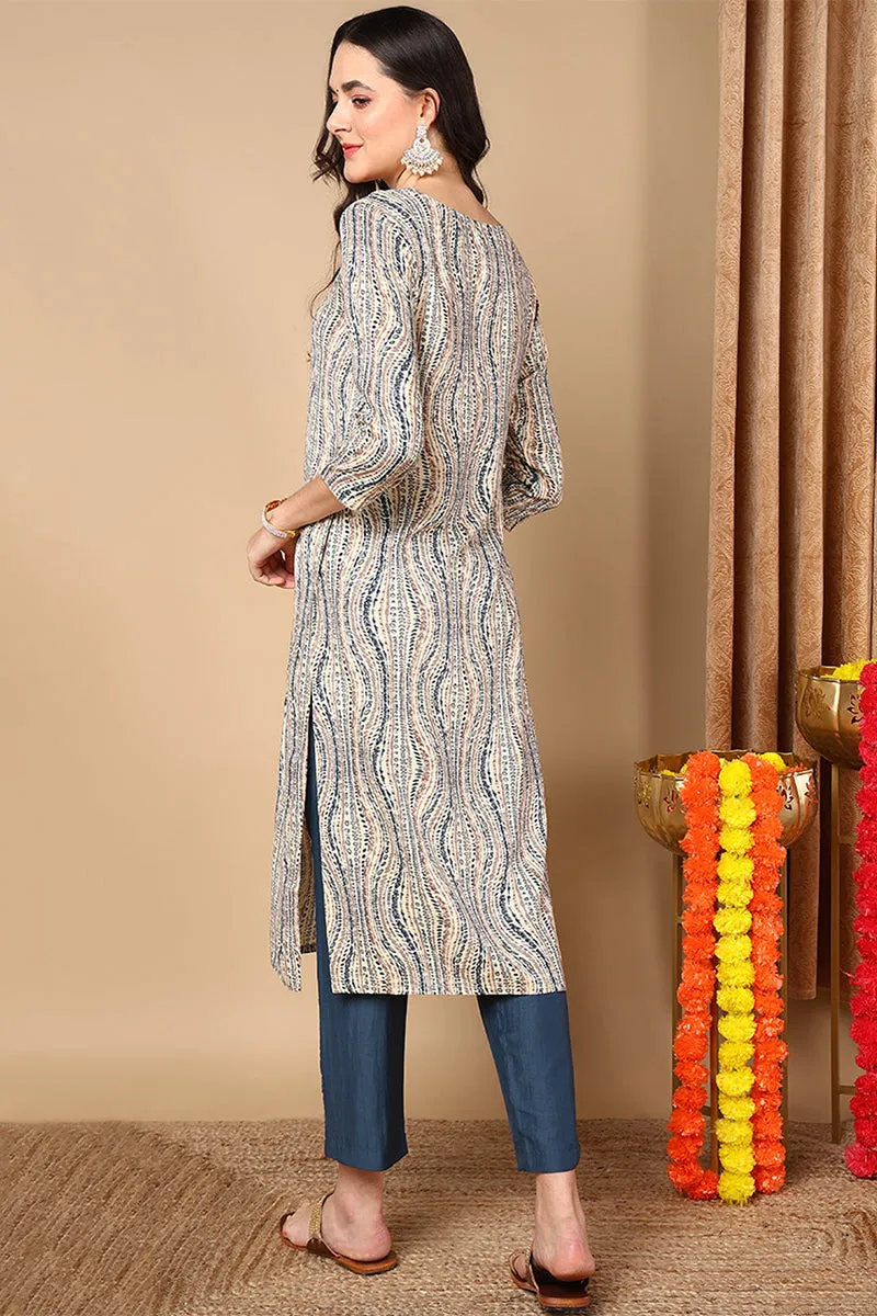 Beige Viscose Rayon Abstract Printed Straight Kurta