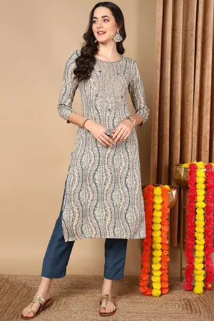 Beige Viscose Rayon Abstract Printed Straight Kurta