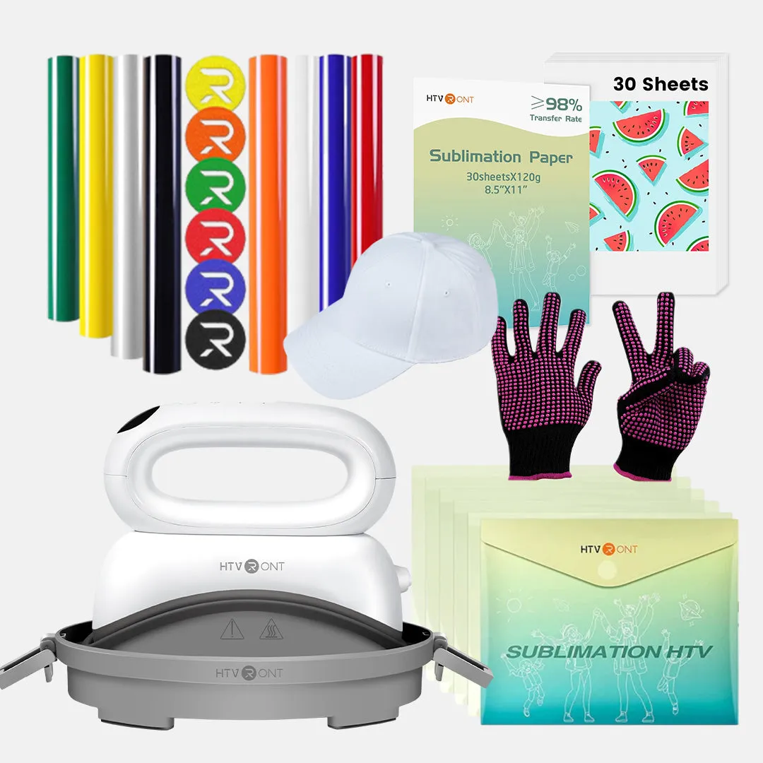 [BF Limited Offer]HTVRONT Hat Heat Press Machine Limited Time Bundle(Baseball Cap Blank PUFF HTV*8 Sumblimation Paper*30 Sumblimation HTV*5 PTFE Teflon Sheet Gloves≥63＄)