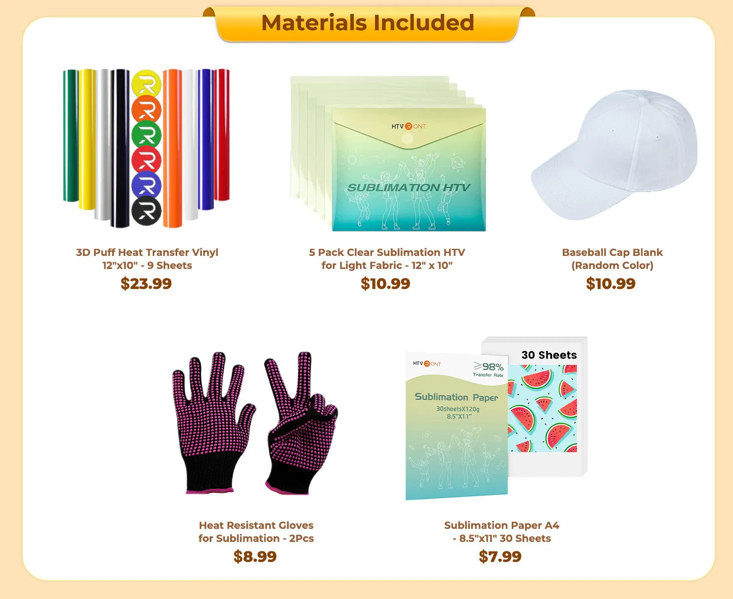 [BF Limited Offer]HTVRONT Hat Heat Press Machine Limited Time Bundle(Baseball Cap Blank PUFF HTV*8 Sumblimation Paper*30 Sumblimation HTV*5 PTFE Teflon Sheet Gloves≥63＄)