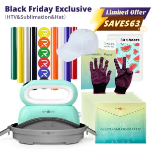 [BF Limited Offer]HTVRONT Hat Heat Press Machine Limited Time Bundle(Baseball Cap Blank PUFF HTV*8 Sumblimation Paper*30 Sumblimation HTV*5 PTFE Teflon Sheet Gloves≥63＄)