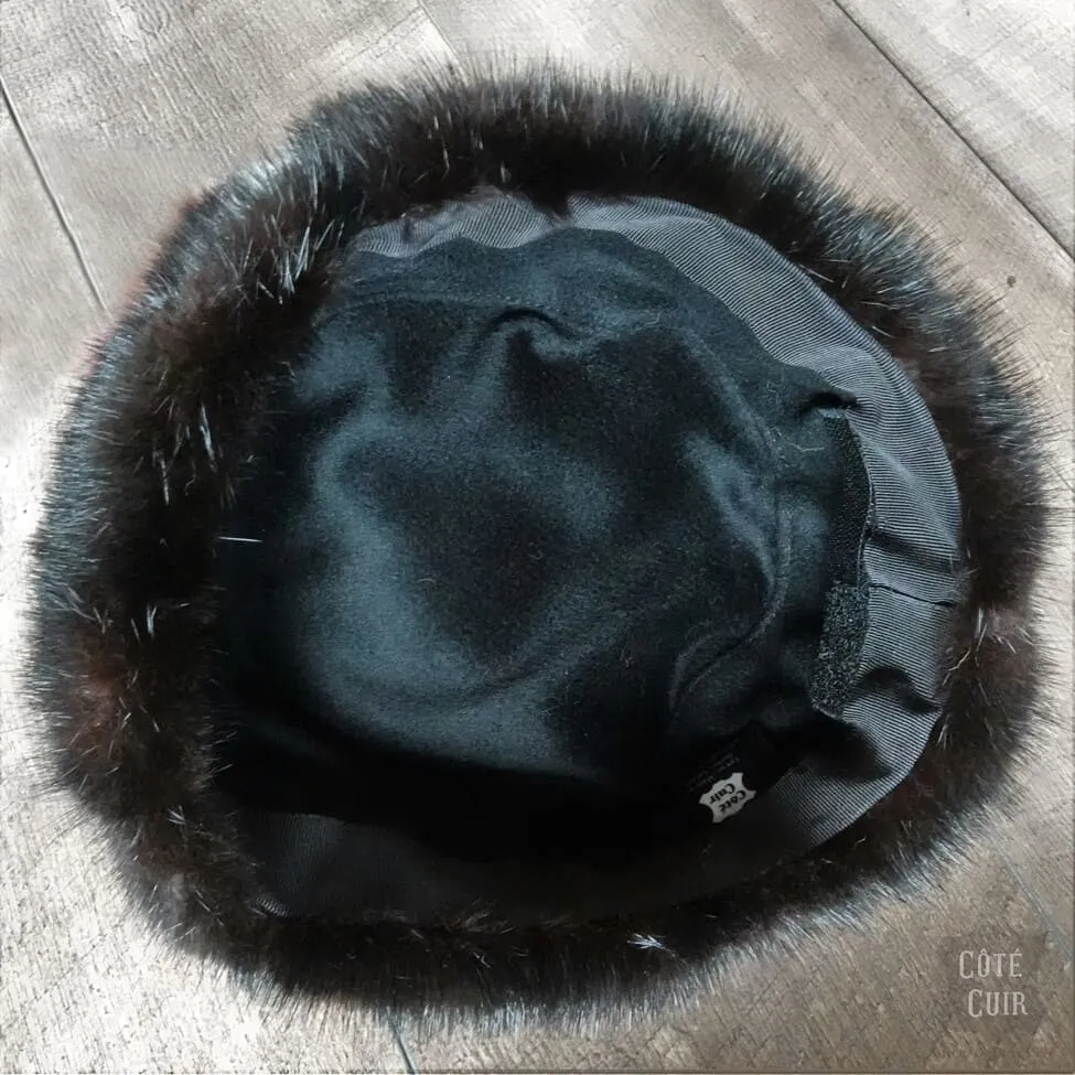 Black Mink Fur Russian Ushanka Hat for Men, Black Leather