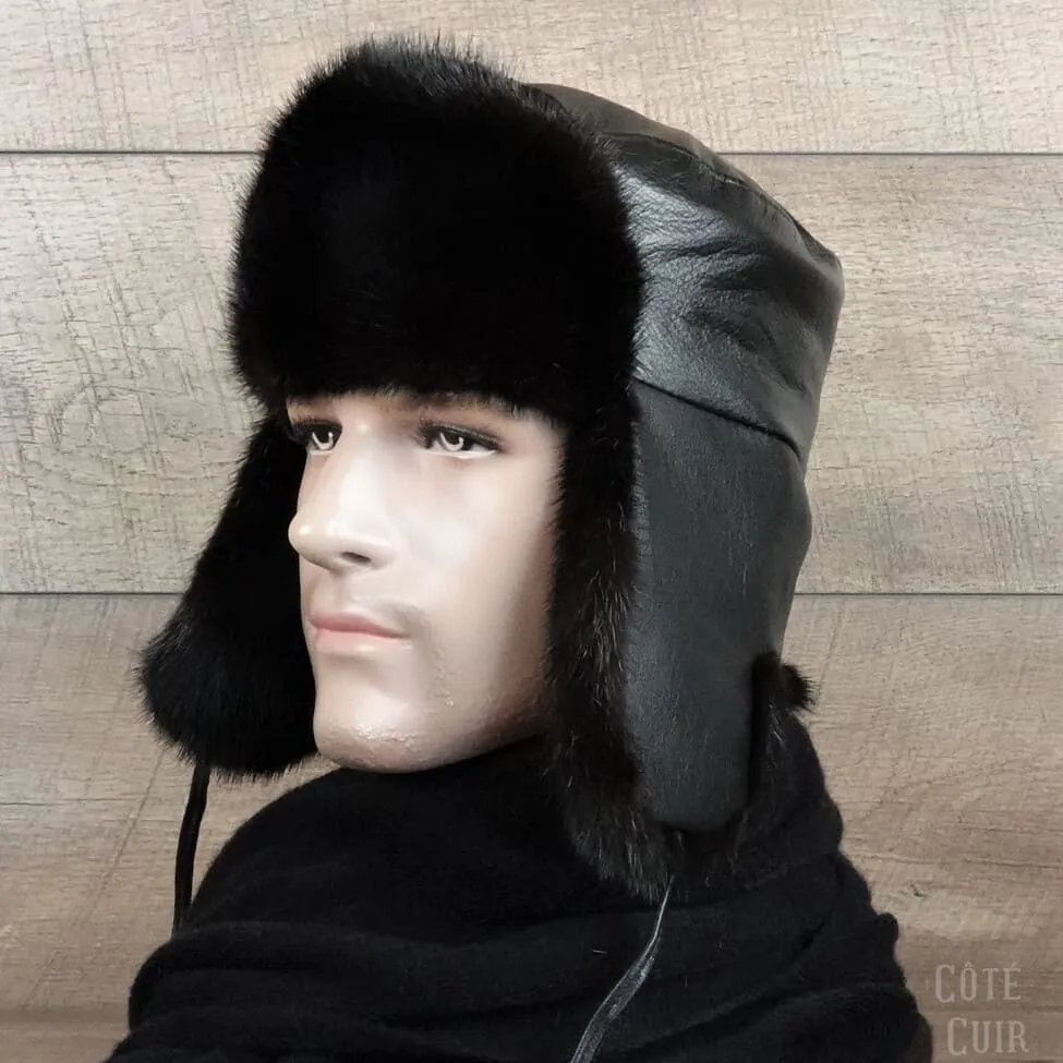 Black Mink Fur Russian Ushanka Hat for Men, Black Leather