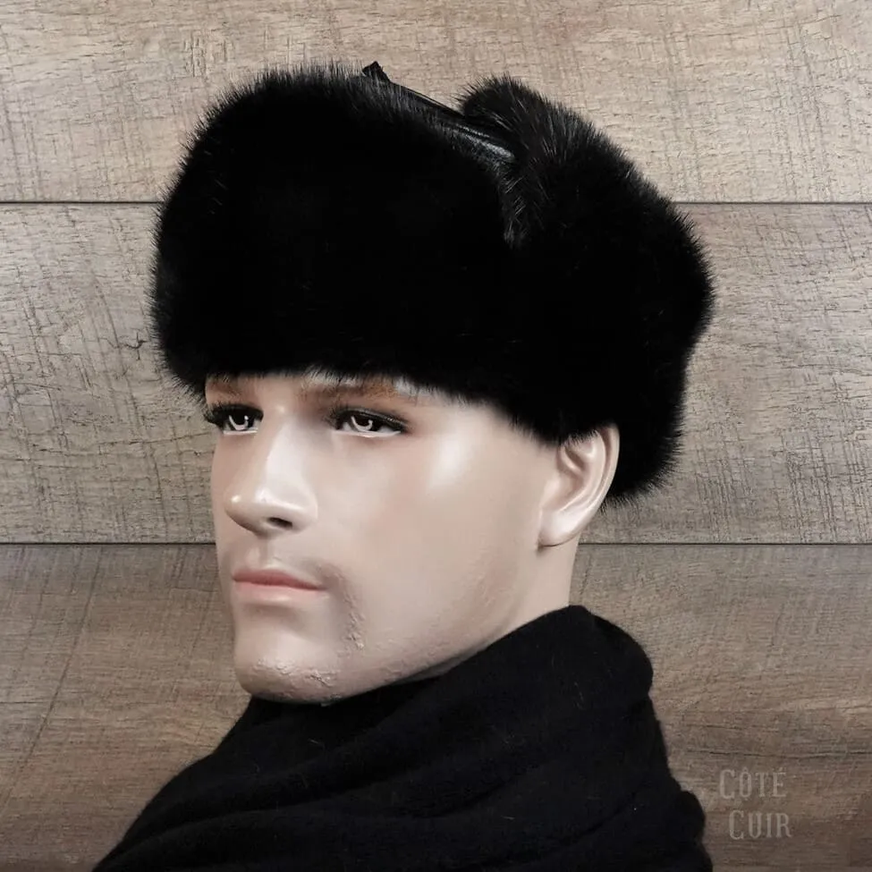 Black Mink Fur Russian Ushanka Hat for Men, Black Leather