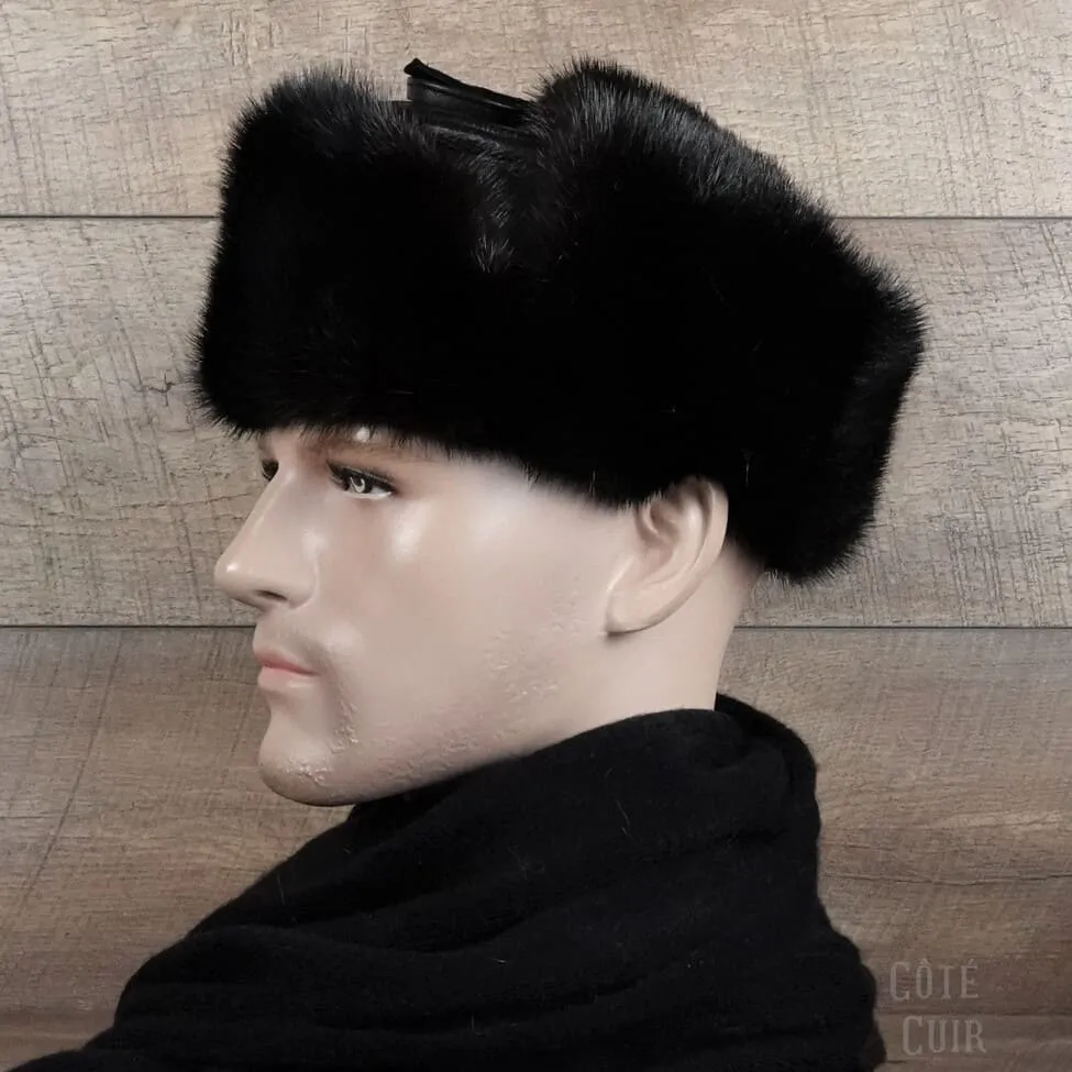 Black Mink Fur Russian Ushanka Hat for Men, Black Leather