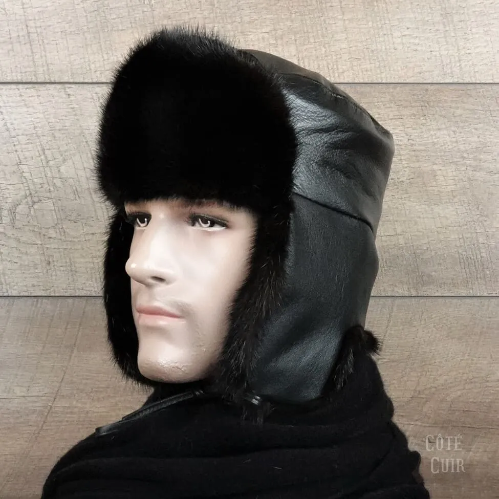 Black Mink Fur Russian Ushanka Hat for Men, Black Leather