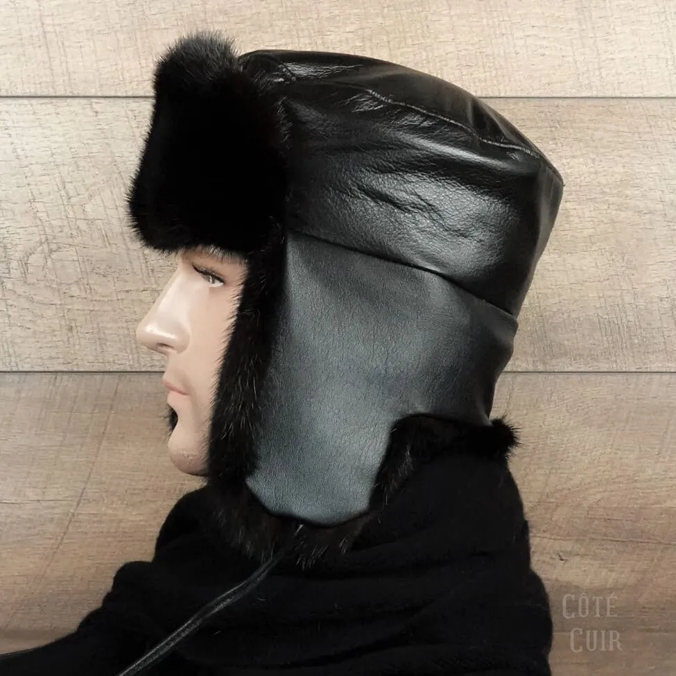 Black Mink Fur Russian Ushanka Hat for Men, Black Leather