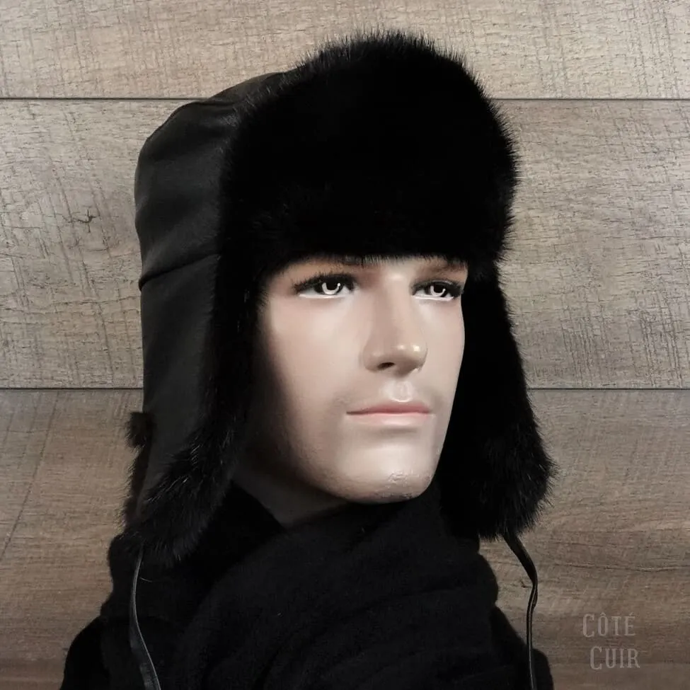 Black Mink Fur Russian Ushanka Hat for Men, Black Leather