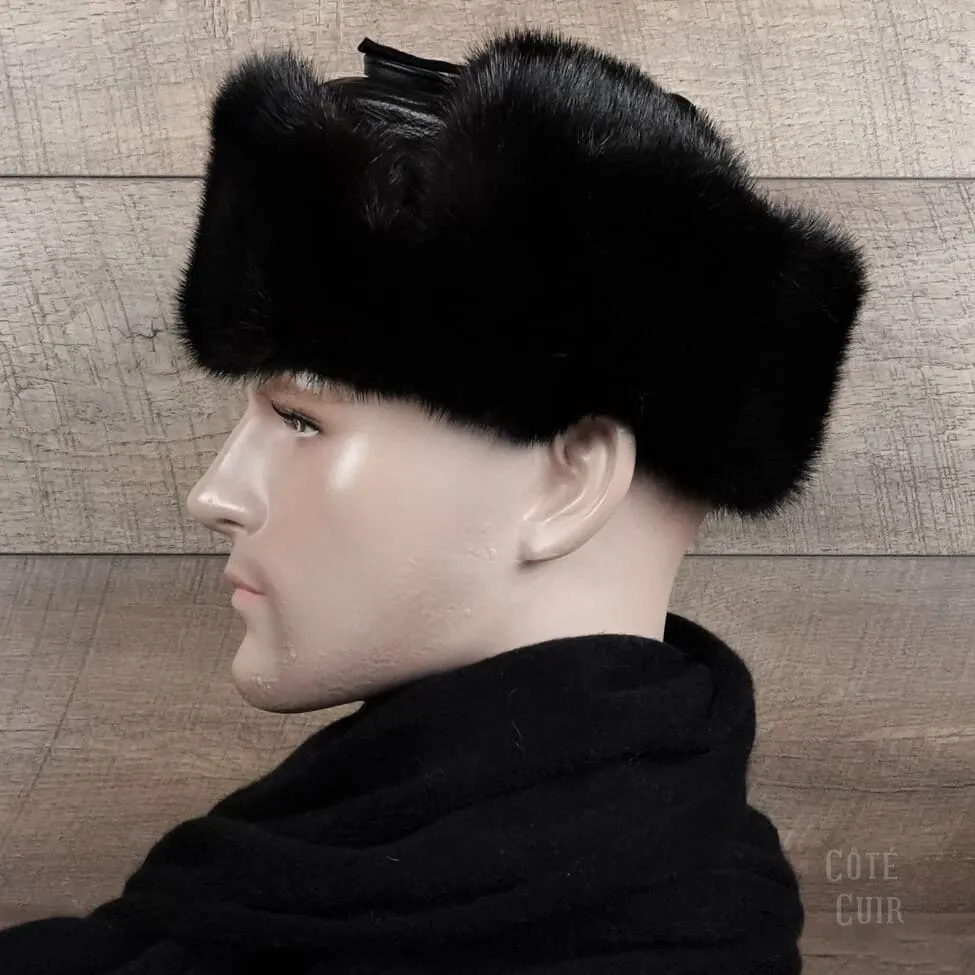 Black Mink Fur Russian Ushanka Hat for Men, Black Leather