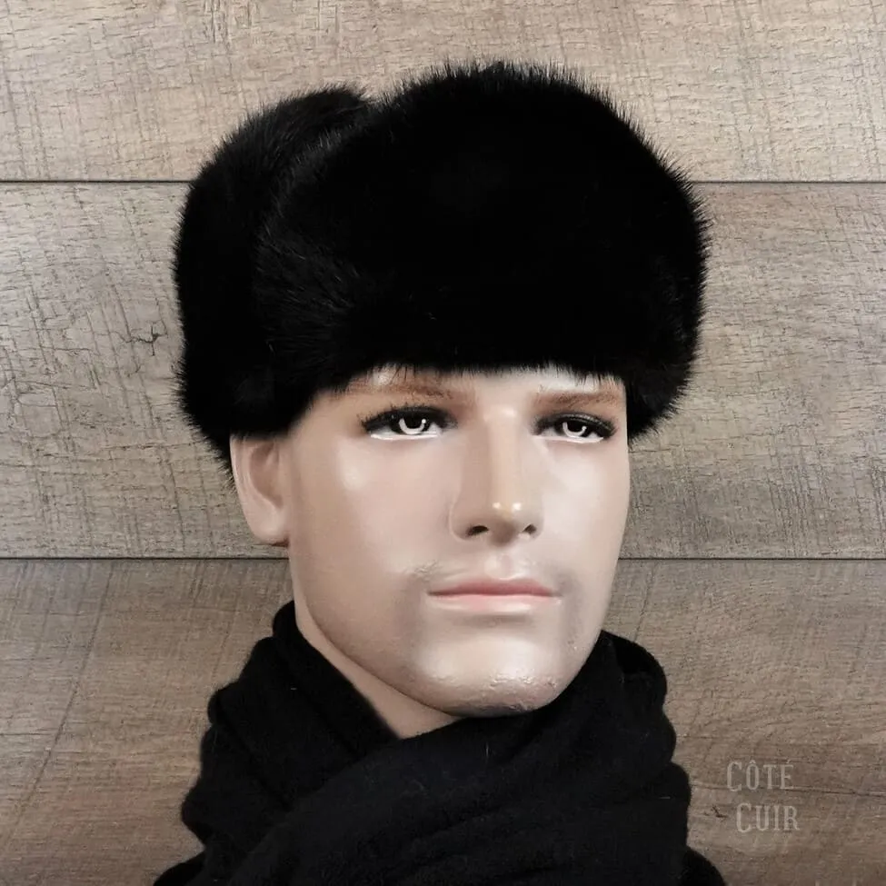 Black Mink Fur Russian Ushanka Hat for Men, Black Leather