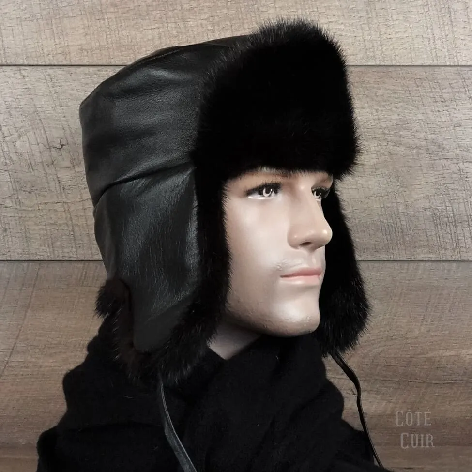 Black Mink Fur Russian Ushanka Hat for Men, Black Leather