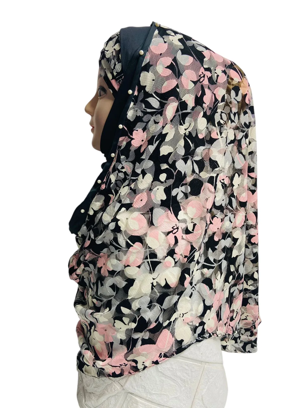 Black Pink Dots Pinless Hijab