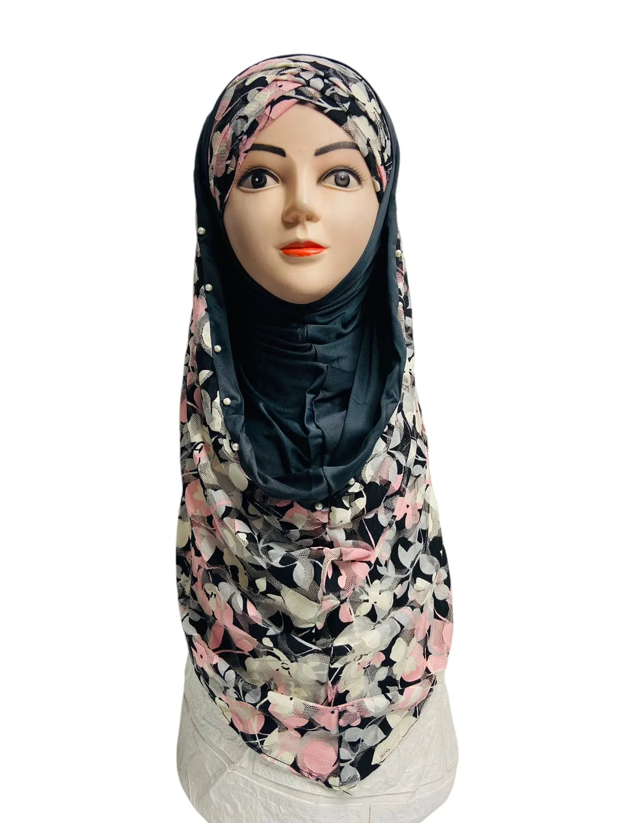 Black Pink Dots Pinless Hijab