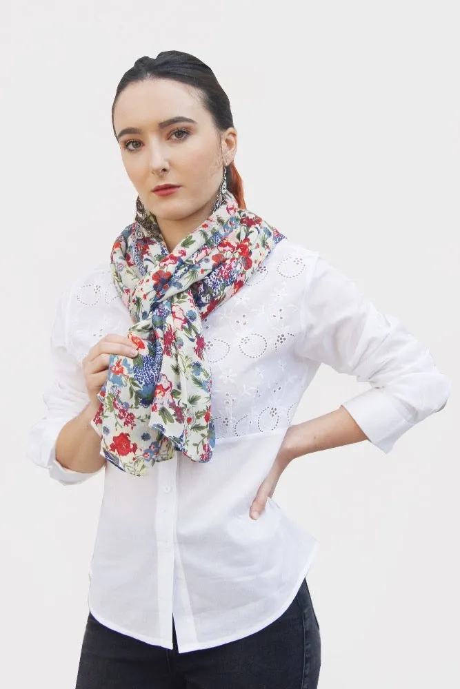 Blue and Red Small Flower Print Women's Cotton Scarf