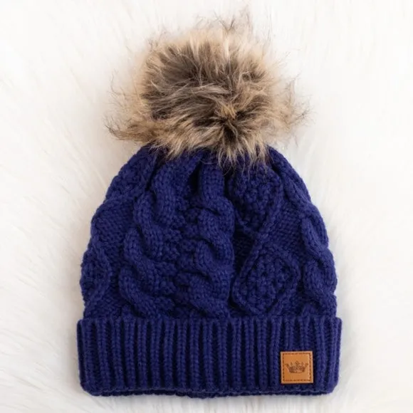 Blue Cable Knit Beanie Hat w/ Faux Fur Pompom Casual Winter Womens One Size