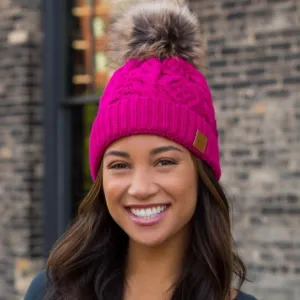 Bright Pink Cable Knit Beanie Hat w/ Faux Fur Pompom Casual Winter Womens One Size