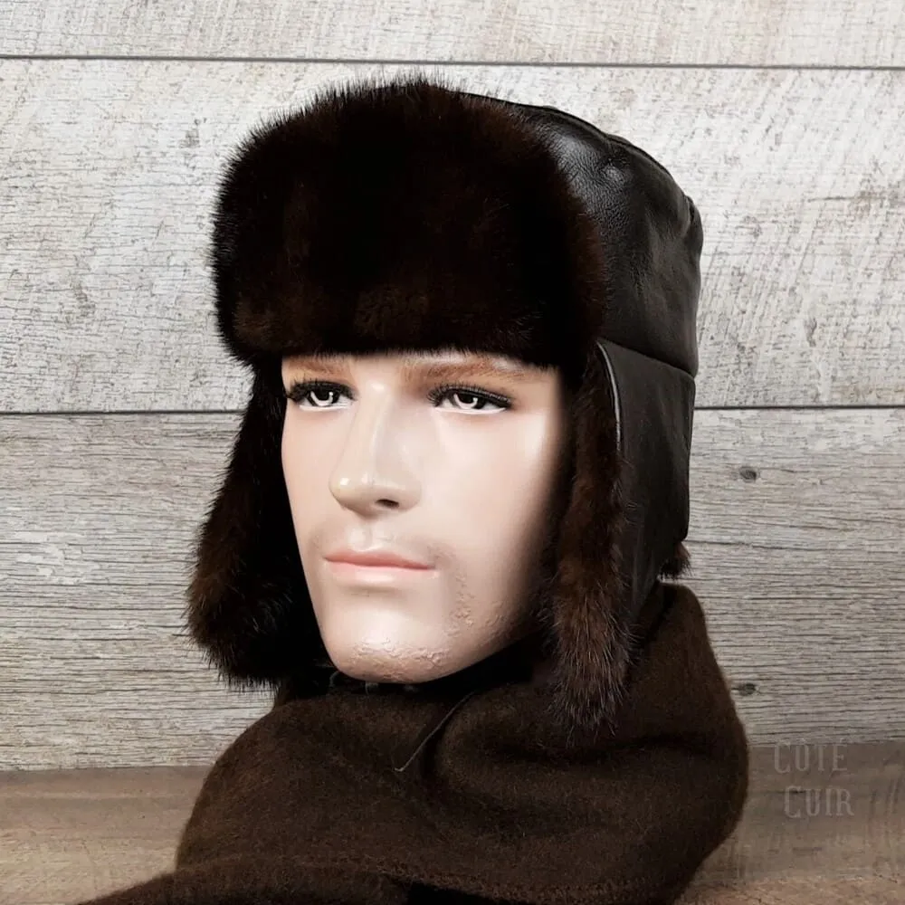 Brown Mink Fur Russian Ushanka Hat for Men, Brown Leather