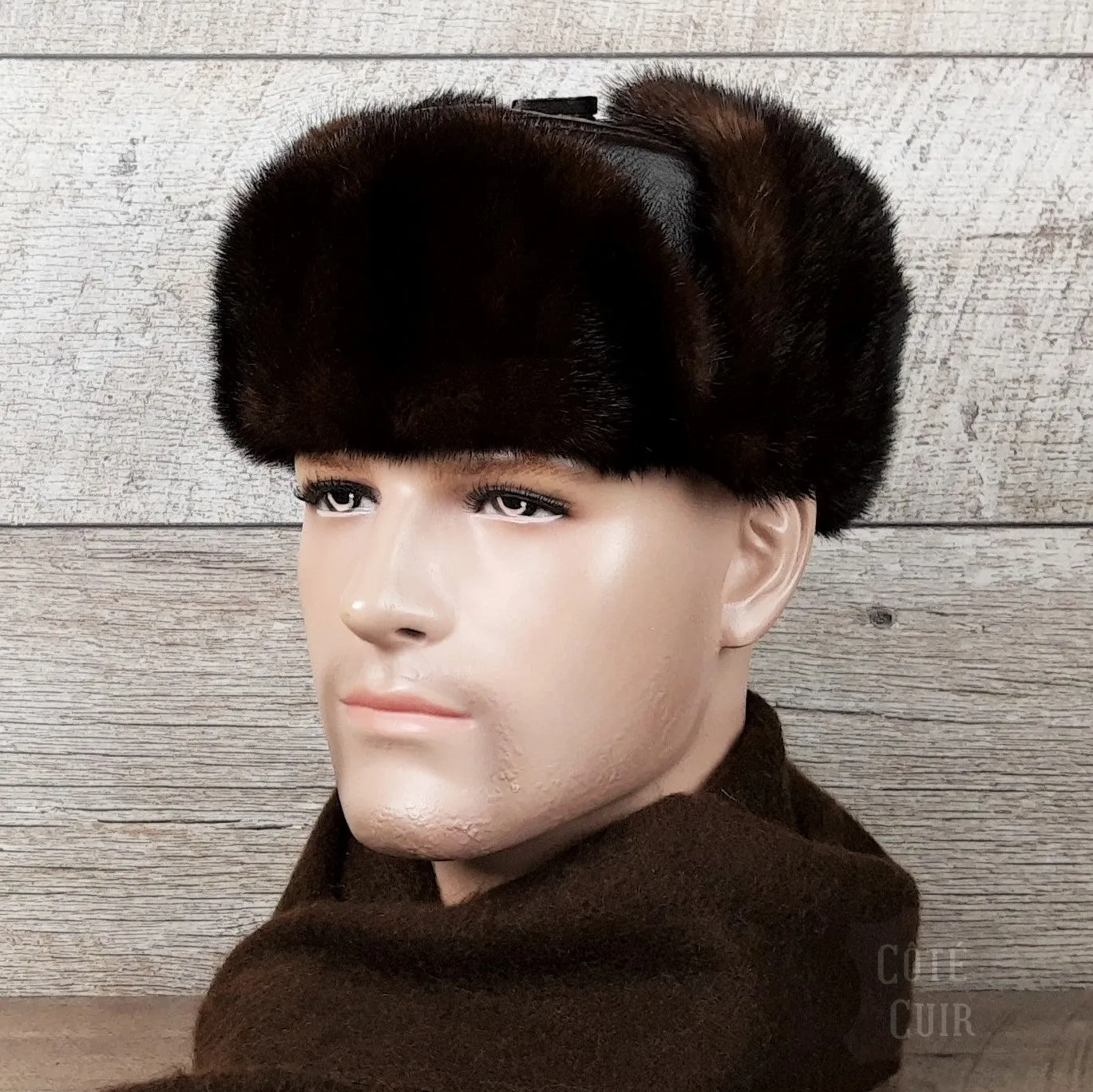 Brown Mink Fur Russian Ushanka Hat for Men, Brown Leather