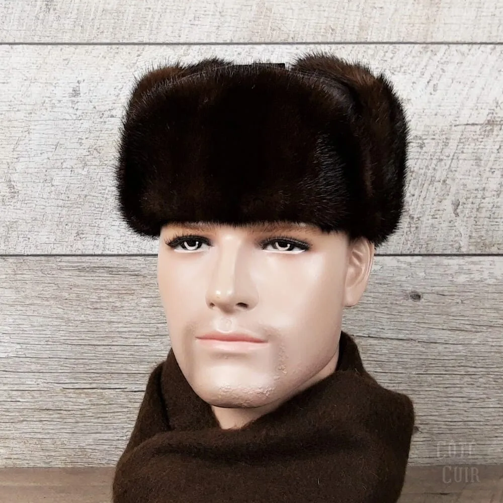 Brown Mink Fur Russian Ushanka Hat for Men, Brown Leather